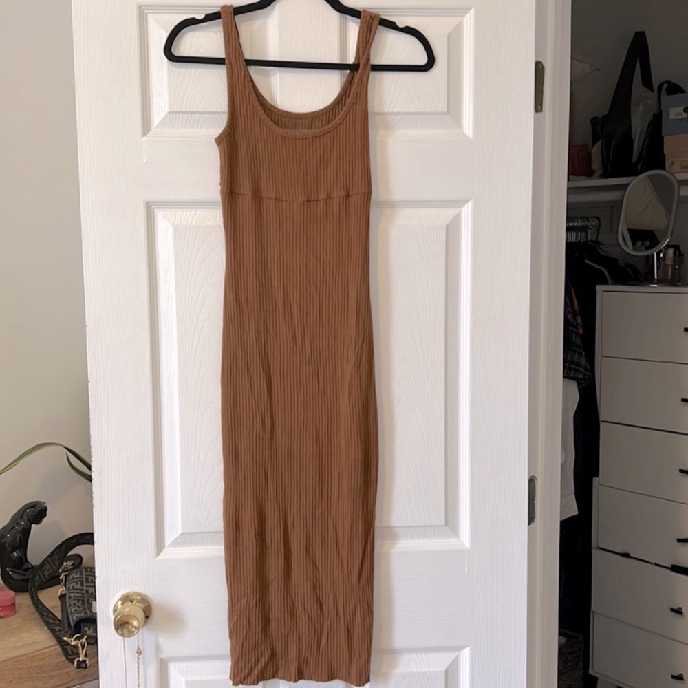 Enza Costa Brown Ribbed Fitted Caramel Brown Midi